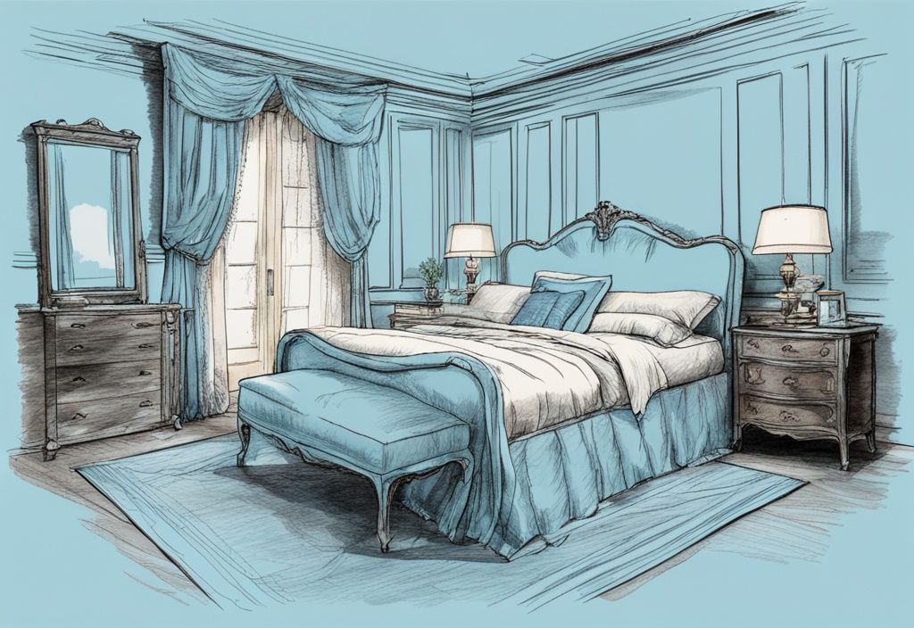 Vintage Skizze mit hellblauem Mako Satin Bettwäsche auf einem großen Bett in einem gut beleuchteten, eleganten Schlafzimmer