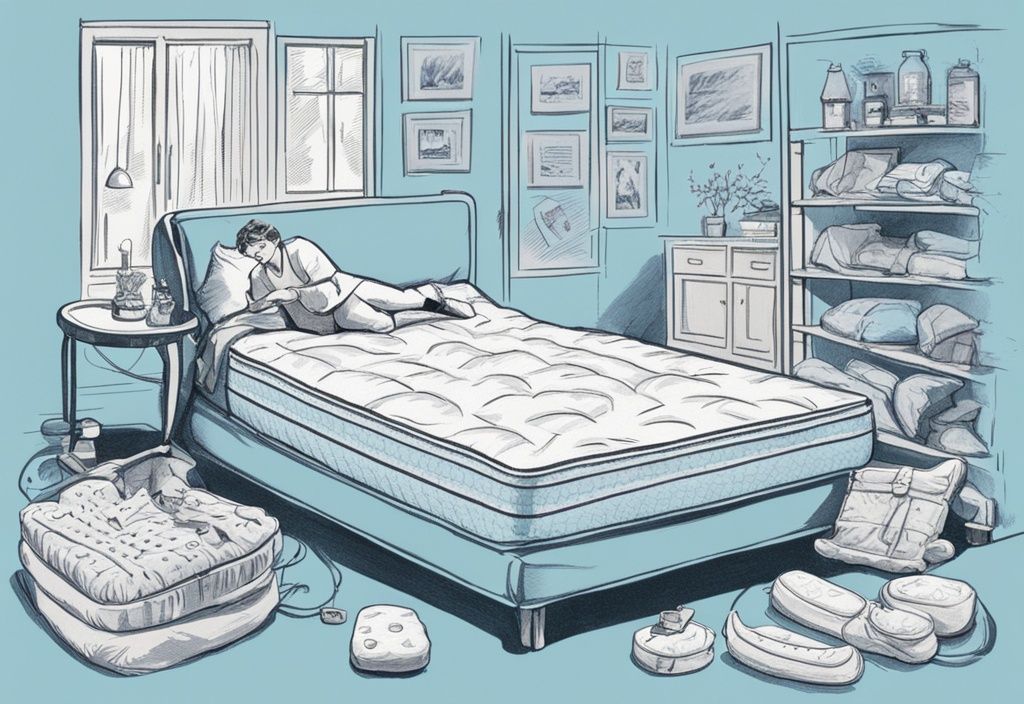 Vintage-Skizzenillustration in Hellblau: Person testet eine Plüschmatratze mit verwirrtem Ausdruck, umgeben von verschiedenen Werkzeugen und Objekten zur Festigkeitsprüfung, Matratze zu weich was tun.