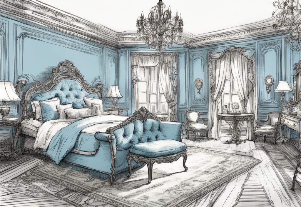 Vintage-Skizzenillustration eines luxuriösen, kunstvoll verzierten französischen Betts in einem stilvoll dekorierten Schlafzimmer. was ist ein französisches Bett
