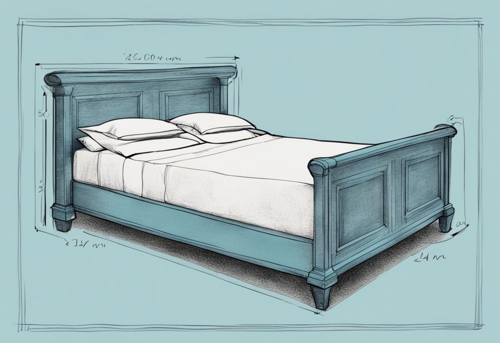 Vintage Skizzenillustration eines 140x200 Bettes mit hellblauem Farbthema und Maßband zur Größenangabe