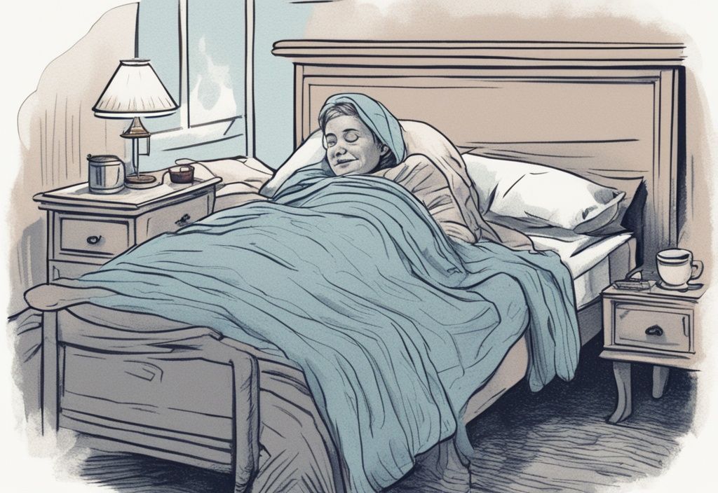Vintage-Skizzenillustration einer Person im Bett mit warmen Füßen in Heizdecken und flauschigen Socken, dampfende Tasse Kräutertee auf dem Nachttisch - was tun gegen kalte Füße im Bett.