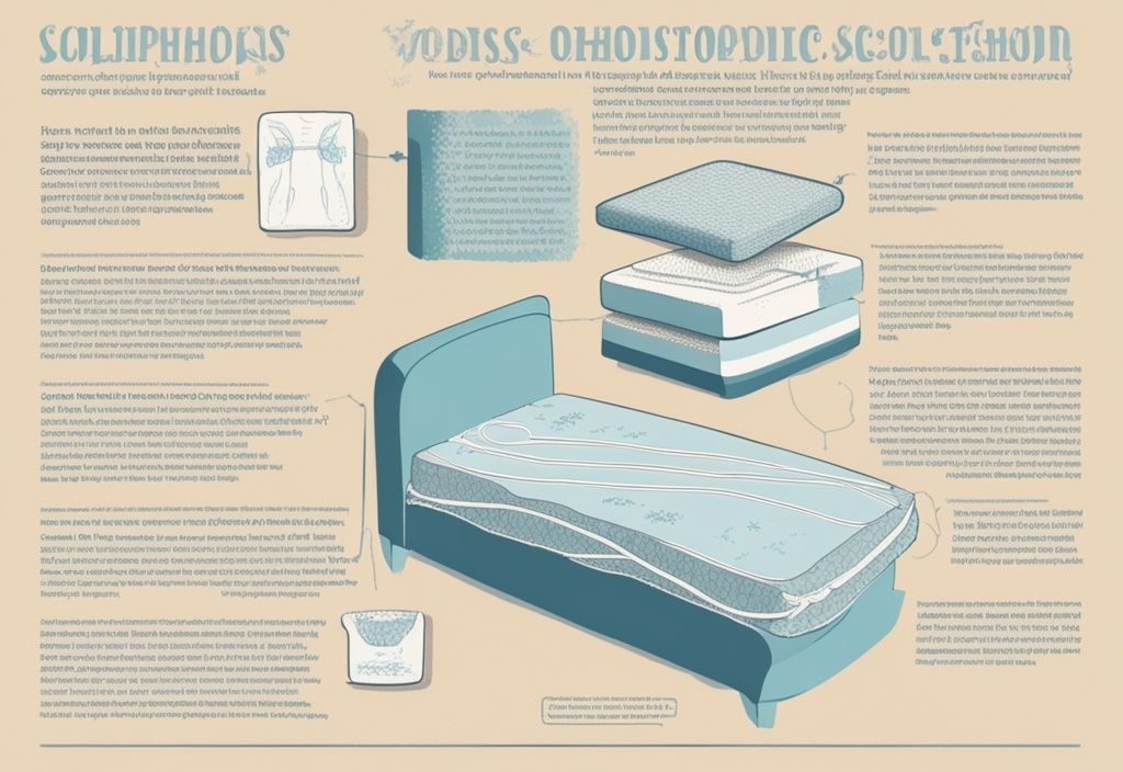 Vintage-Skizzenillustration von orthopädischen Matratzen mit Schnittansicht der inneren Schichten und Textüberlagerung, die die Vorteile bei Skoliose erklärt, welche Matratze bei Skoliose.