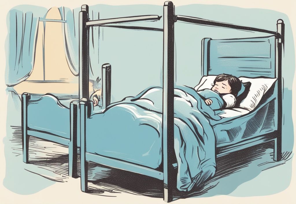 Vintage-Skizzenillustration eines friedlich schlafenden Kindes in einem Bett mit Schutzbarrieren, ab wann fallen Kinder nicht mehr aus dem Bett