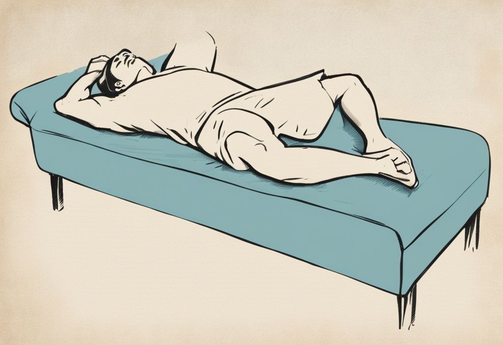 Vintage Illustration einer Person, die im Bett liegt und LWS Übungen im Bett mit Knie-zur-Brust-Stretching in hellblauen Farbtönen durchführt.