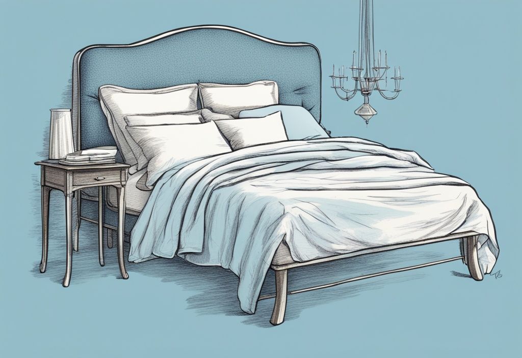 Vintage Skizzenillustration eines ordentlich gemachten Bettes mit weicher und glatter Polycotton-Bettwäsche in Hellblau, Nahaufnahme der Stoffstruktur.