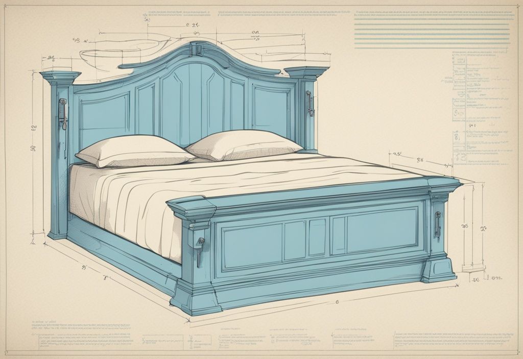 Vintage-Skizze eines Bettes in Hellblau mit Querschnittsansicht und markierten Dimensionen, die zeigen, wie hoch ist ein Bett.