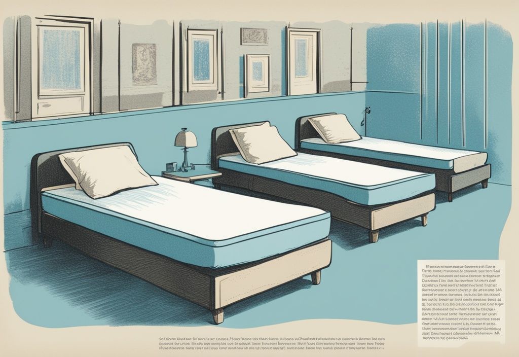Vintage-Skizzenillustration mit hellblauem Farbschema, die eine Reihe von Betten mit unterschiedlich abgenutzten Matratzen zeigt und die Lebensdauer einer Matratze im Laufe der Zeit symbolisiert.