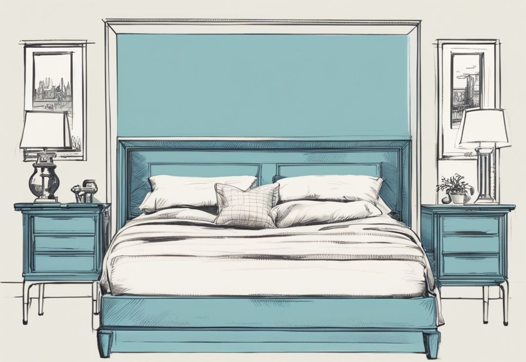 Vintage-Skizzenillustration mit hellblauem Farbschema, die die Entwicklung des 90x200 Bettdesigns von den Anfängen bis zu aktuellen Trends zeigt; ab wann 90x200 Bett