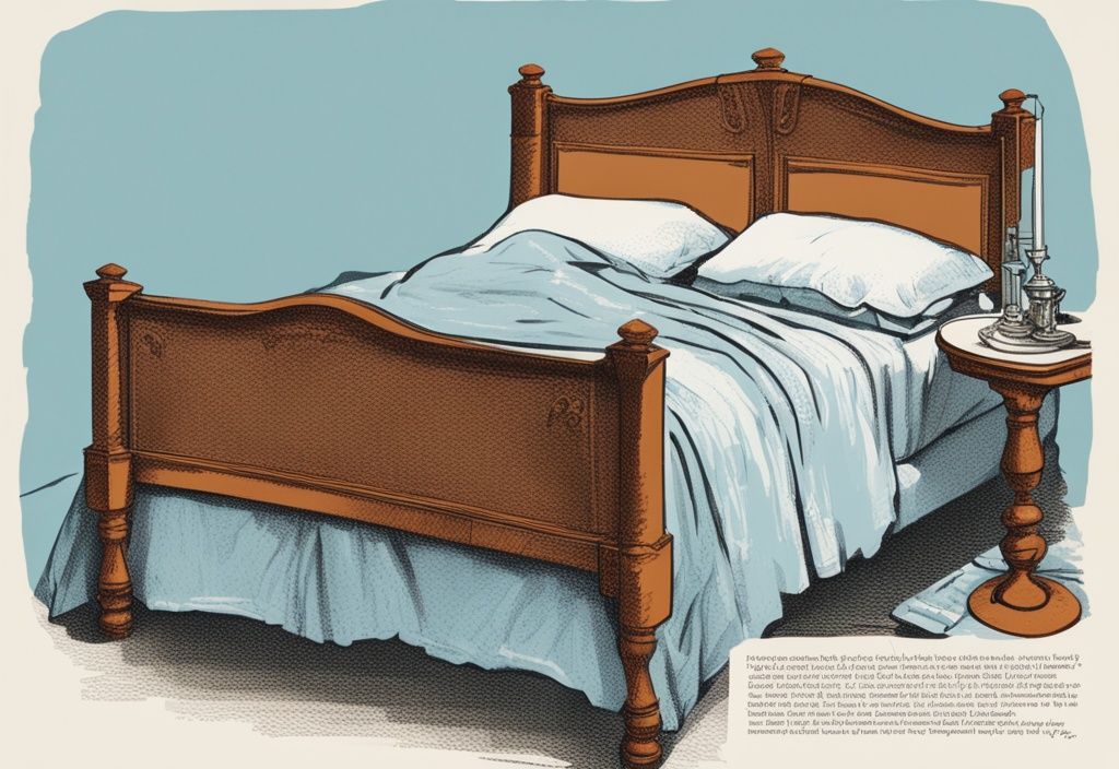Vintage-Skizzenillustration eines ordentlich gemachten Bettes mit Renforce Bettwäsche in hellblau und einem beschreibenden Etikett, das erklärt, was bedeutet Renforce Bettwäsche.