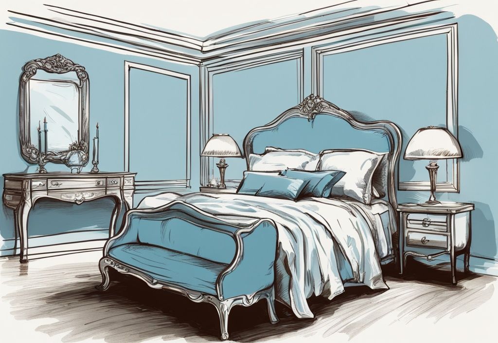 Vintage Skizze eines eleganten Schlafzimmers mit hellblauer Farbgebung und Satin-Bettwäsche auf einem Kingsize-Bett - was ist Satin Bettwäsche