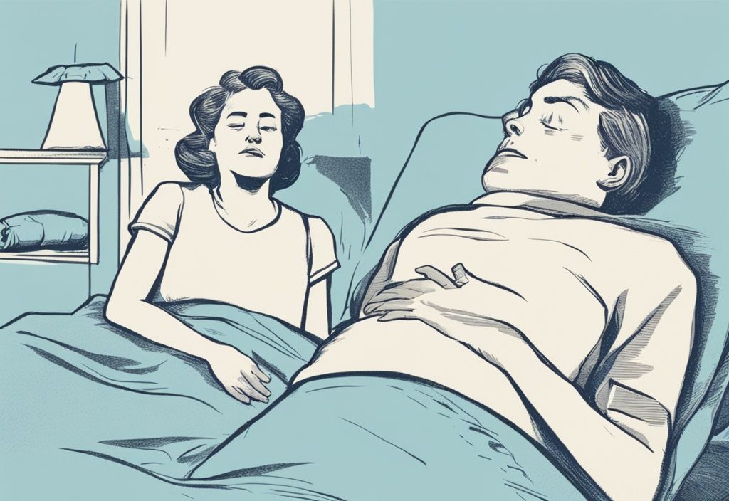 Vintage-Skizzenillustration in Hellblau: Person mit schmerzverzerrtem Gesicht auf falscher Matratze für Hüftschmerzen, daneben dieselbe Person bequem auf der richtigen Matratze für Hüftbeschwerden.