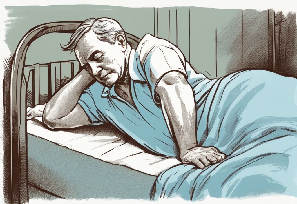 Vintage-Skizze eines mittelalten Mannes im Bett, der leichte Dehnübungen zur Linderung von Hexenschuss-Schmerzen durchführt, Hauptfarbe hellblau, Hexenschuss Übungen im Bett.