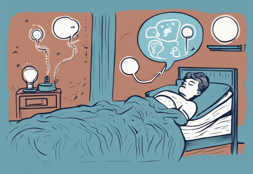 Vintage-Skizzen-Illustration in hellblau: Eine Person liegt nachts wach im Bett unter einer schwachen Nachttischlampe und kratzt sich am Arm, umgeben von Gedankenblasen mit Stressauslösern und Angstsymbolen. Juckreiz nachts im Bett psychisch.