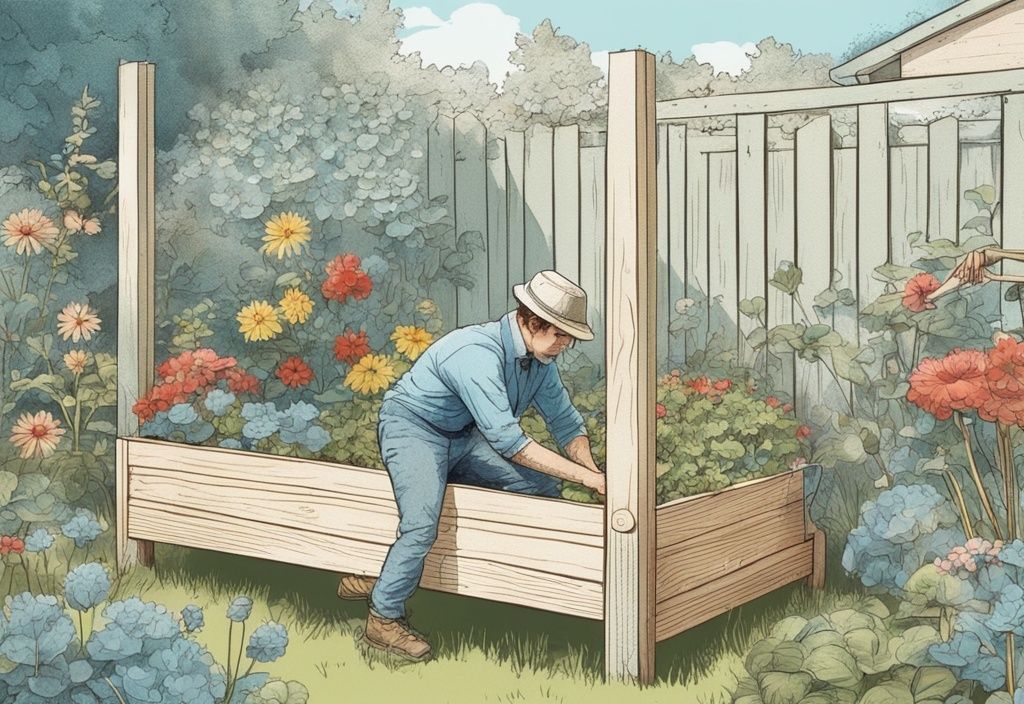 Vintage-Skizze eines Heimwerkers in einem lebhaften Garten, der ein stabiles Hochbeet mit versteckten Stauraumfächern zusammenbaut, Hauptfarbthema hellblau.