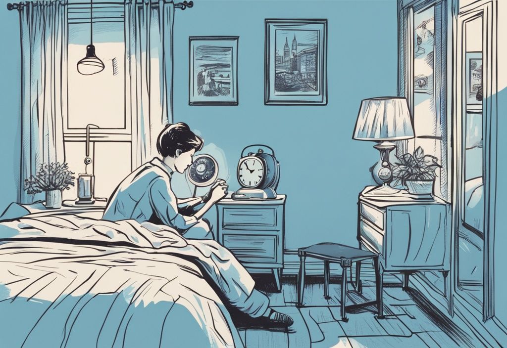 Vintage-Skizzenillustration eines gemütlichen Schlafzimmers bei Dämmerung, eine Person stellt den Wecker ein, bevor sie ins Bett geht, Hauptfarbthema ist hellblau.
