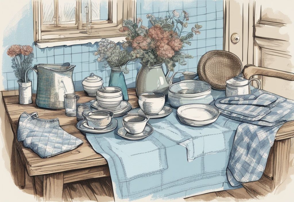 Vintage-Skizzenillustration in Hellblau mit Tischläufer, Tragetaschen, Quilt und Schürze aus bunter alter Bettwäsche, was näht man aus alter Bettwäsche.