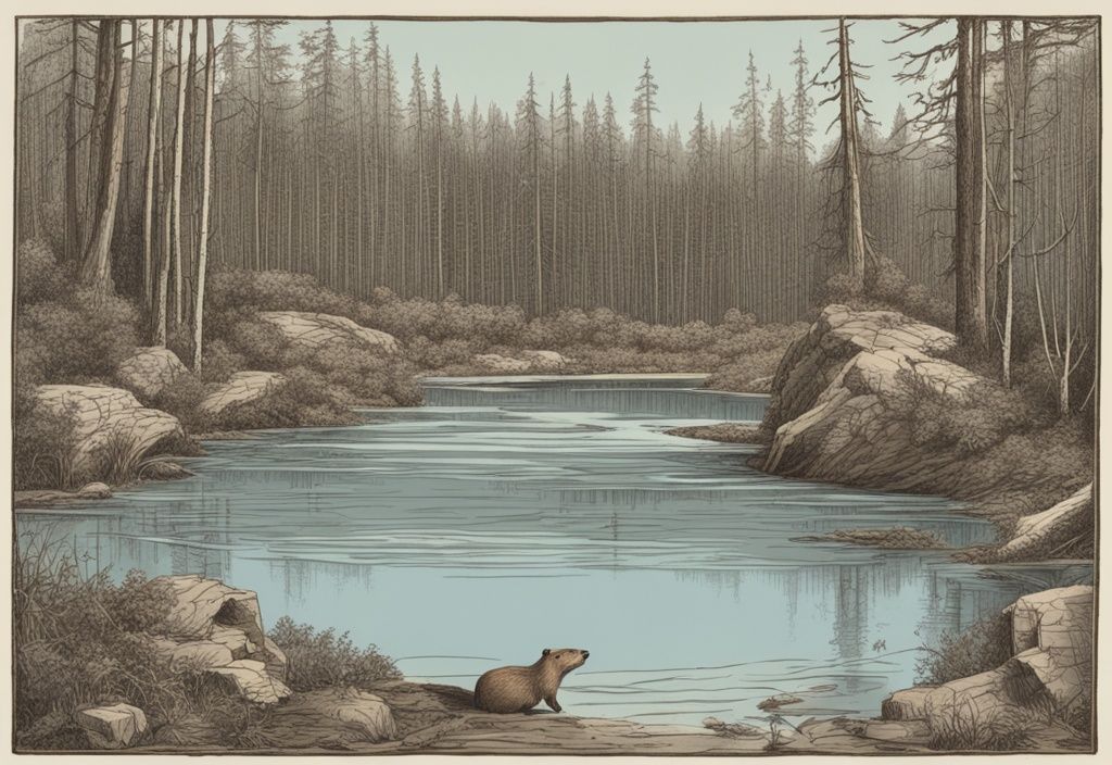Vintage-Skizzenillustration eines Biberdamms in Hellblau, die den mehrschichtigen Bettungsaufbau aus Zweigen, Schlamm und Blättern zeigt - was ist Biber Bettwäsche.