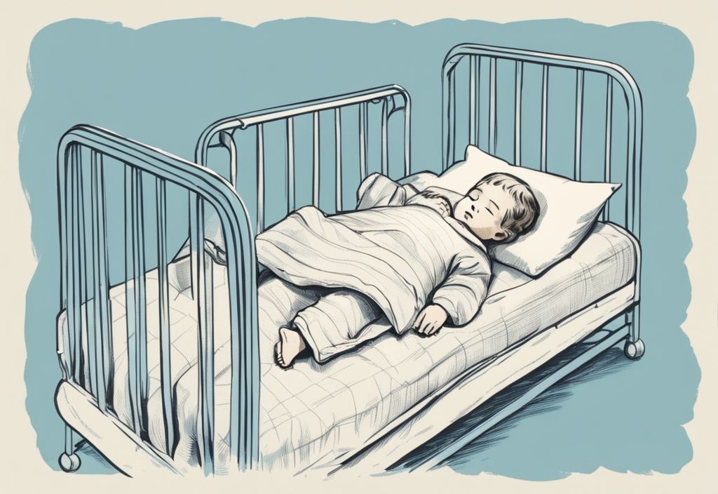 Vintage-Skizze eines friedlich schlafenden Kindes in einem Bett mit Sicherheitsgittern, Übergangsphase vom Herausfallen aus dem Bett, Hauptfarbe Hellblau.