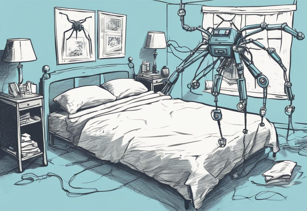 Vintage-Skizzenillustration eines hellblauen, spinnenförmigen Roboters, der sich über ein unordentliches Bett mit Kissen und Laken bewegt.