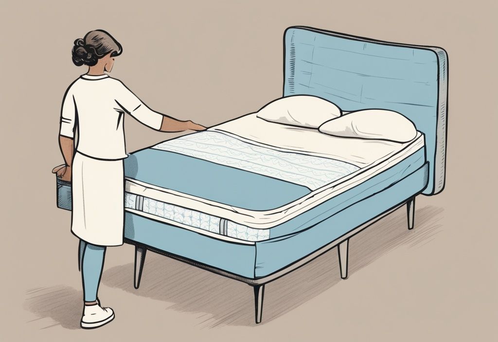 Vintage-Skizzenillustration in Hellblau: Schritt-für-Schritt-Anleitung zum ordentlichen Verpacken einer Emma-Matratze in eine Box für die Rücksendung.
