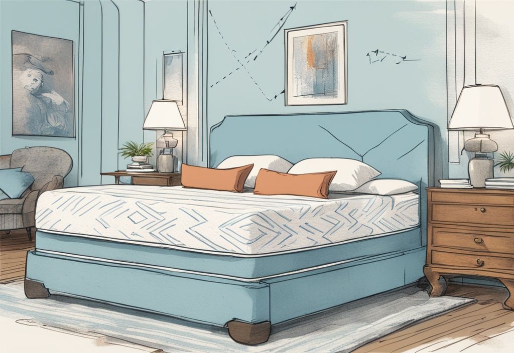 Vintage-Skizzenillustration mit hellblauem Farbschema, Emma Matratze in ruhigem Schlafzimmer, hervorgehoben mit Pfeilen zur richtigen Positionierung, Emma Matratze wie rum