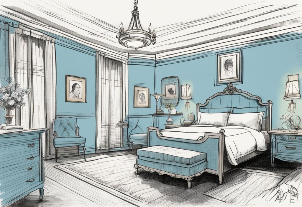 Vintage Skizze Illustration mit einem Queen-Size-Bett in hellblau, deutlich markierte Maße für einfache Verständlichkeit