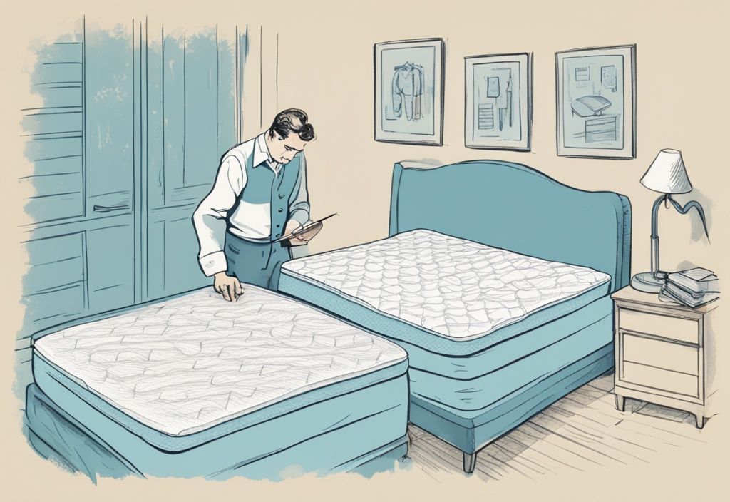 Vintage-Skizzenillustration in Hellblau: Person untersucht Matratze mit Lupe, neben einer Checkliste für Matratzengütebedingungen, wie merke ich ob meine Matratze noch gut ist.