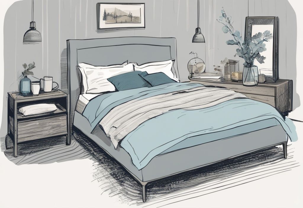 Vintage-Skizze mit hellblauem Thema, modernes graues Bett welche Bettwäsche in verschiedenen Texturen und Farben zeigt, gemütliche Atmosphäre.