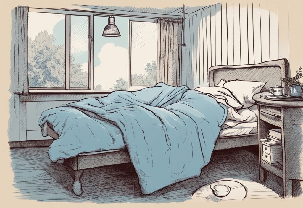 Vintage-Skizze einer Person im Bett mit beheizten Decken und flauschigen Socken, dampfende Tasse Kräutertee auf dem Nachttisch – was tun gegen kalte Füße im Bett.
