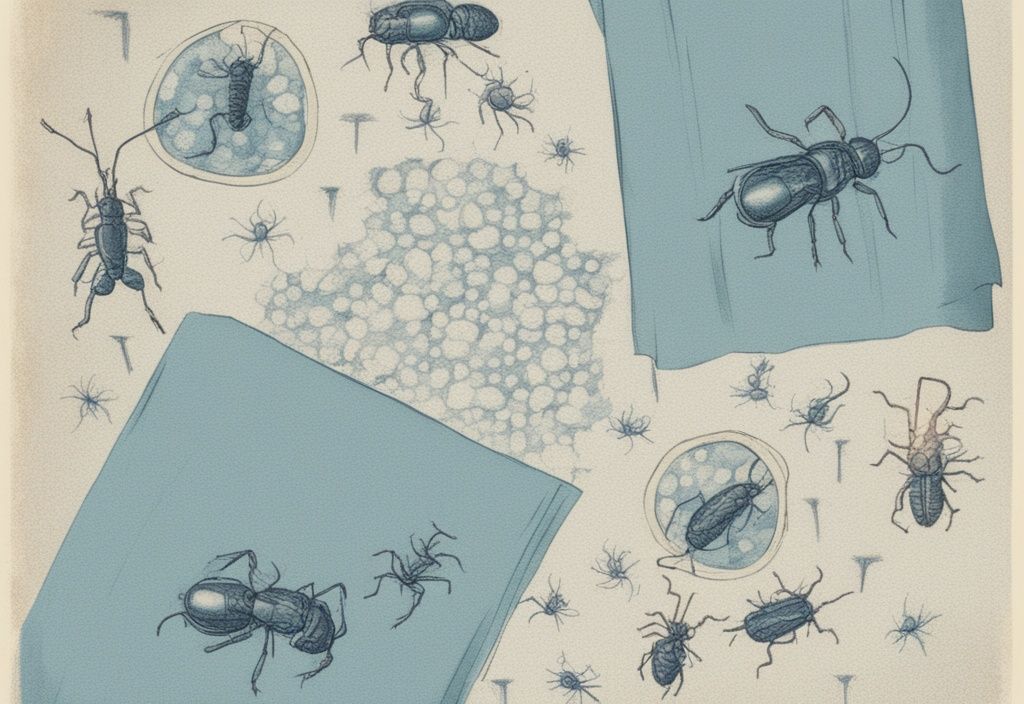 Vintage-Skizzenillustration in Hellblau, die vergrößerte Darstellung von Läusen auf einem Bettlaken zeigt, mit überlagerten Zahlen, die die Zeit symbolisieren, während sie weiter überleben; wie lange überleben Läuse im Bett.