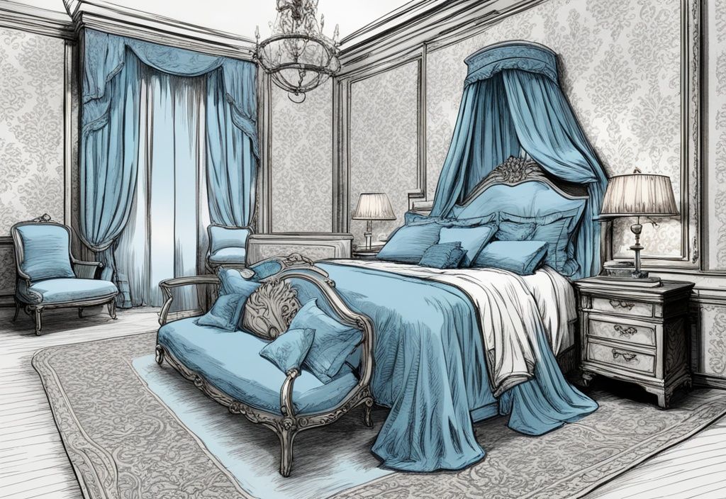 Vintage Skizzenillustration eines luxuriösen Schlafzimmers mit hellblauem Damast-Bettwäsche-Set, elegant über ein Bett drapiert, mit subtilen Damastmustern auf Kissen und Bettdecke.