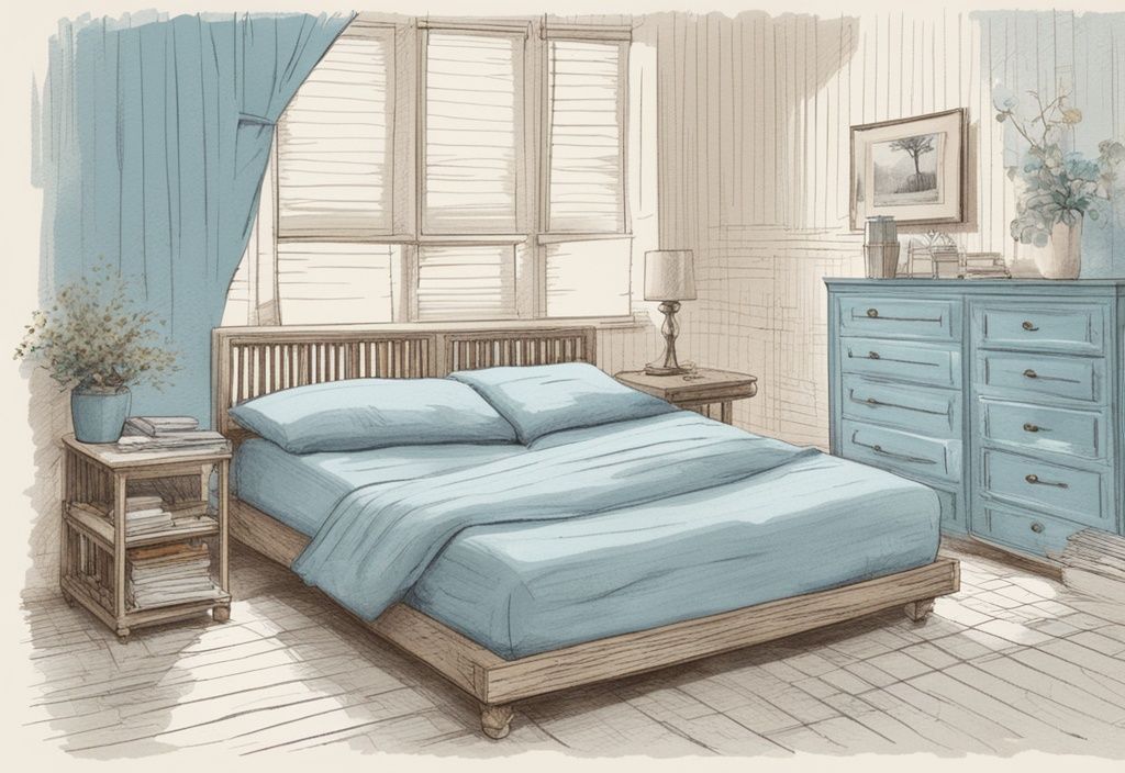 Vintage-Skizzenillustration mit hellblauem Farbthema, die verschiedene Matratzentypen mit entsprechenden Lattenrosten zeigt, um ihre Kompatibilität zu veranschaulichen; welcher Lattenrost für welche Matratze.
