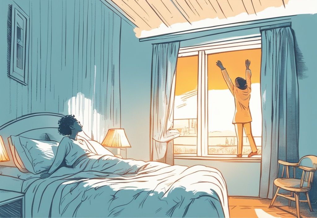Vintage-Skizze einer Person, die sich lächelnd aus einem gemütlichen Bett erhebt, mit hellem Sonnenlicht durch das Fenster, das den Morgen anzeigt, in hellblauem Farbschema.