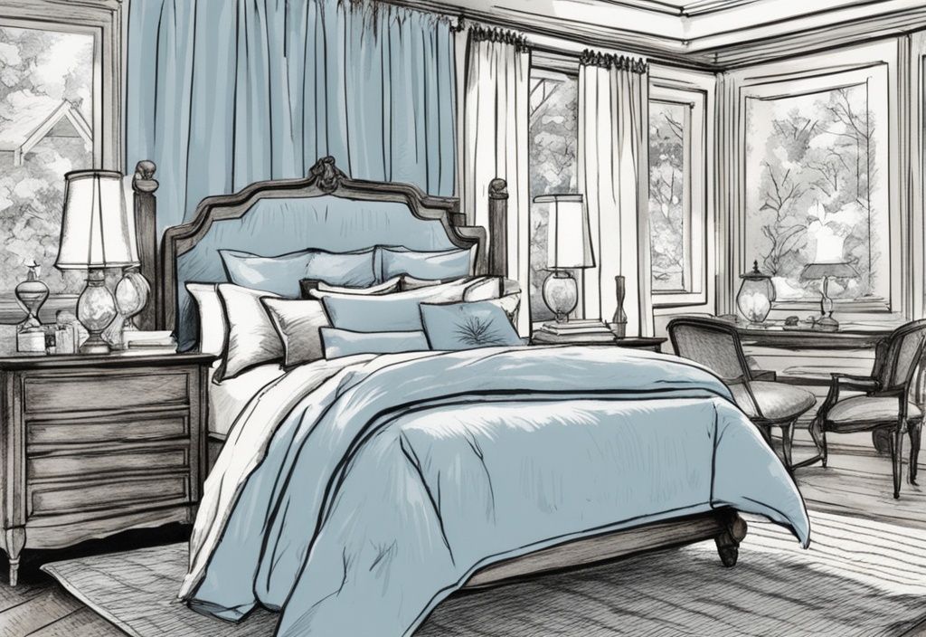 Vintage Skizzenillustration mit hellblauem Farbschema, verschiedene Bettwäsche Stoffarten in einem gemütlich eingerichteten Schlafzimmer.