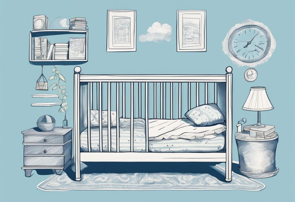 Vintage-Skizzenillustration mit hellblauem Farbschema zeigt ein wunderschön gestaltetes Montessori-Bett aus der Perspektive eines Kleinkinds, ab wann Montessori Bett.