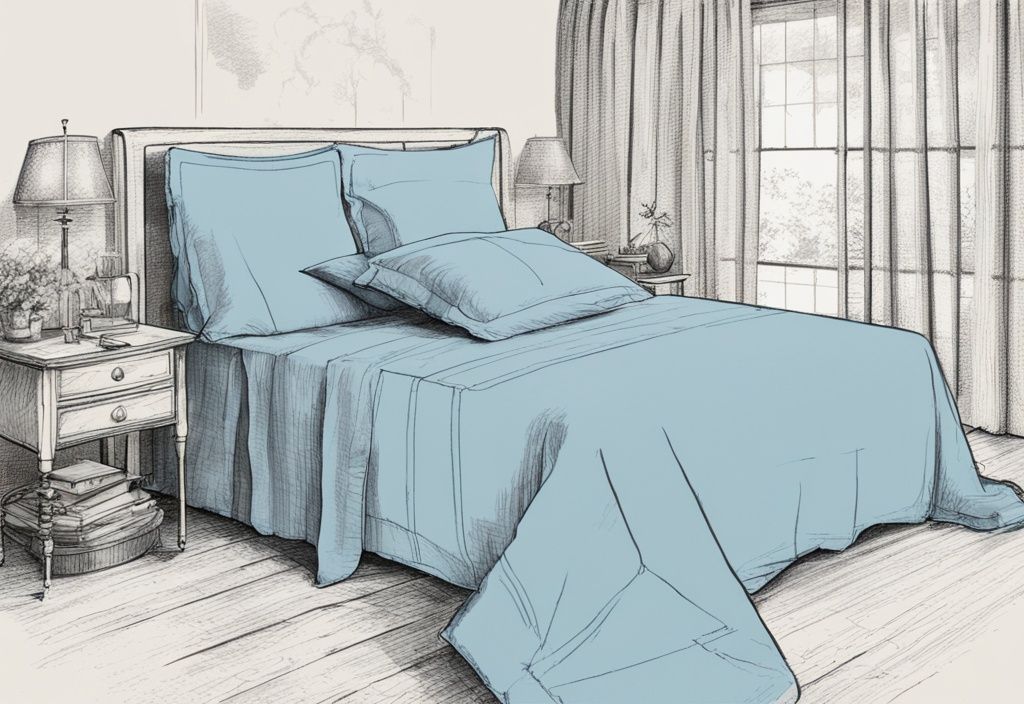 Vintage-Skizzenillustration einer hellblauen Tagesdecke, die auf einem 180x200 Bett ausgebreitet ist, um den Anpassungsprozess zu zeigen, welche Größe Tagesdecke für Bett 180x200.