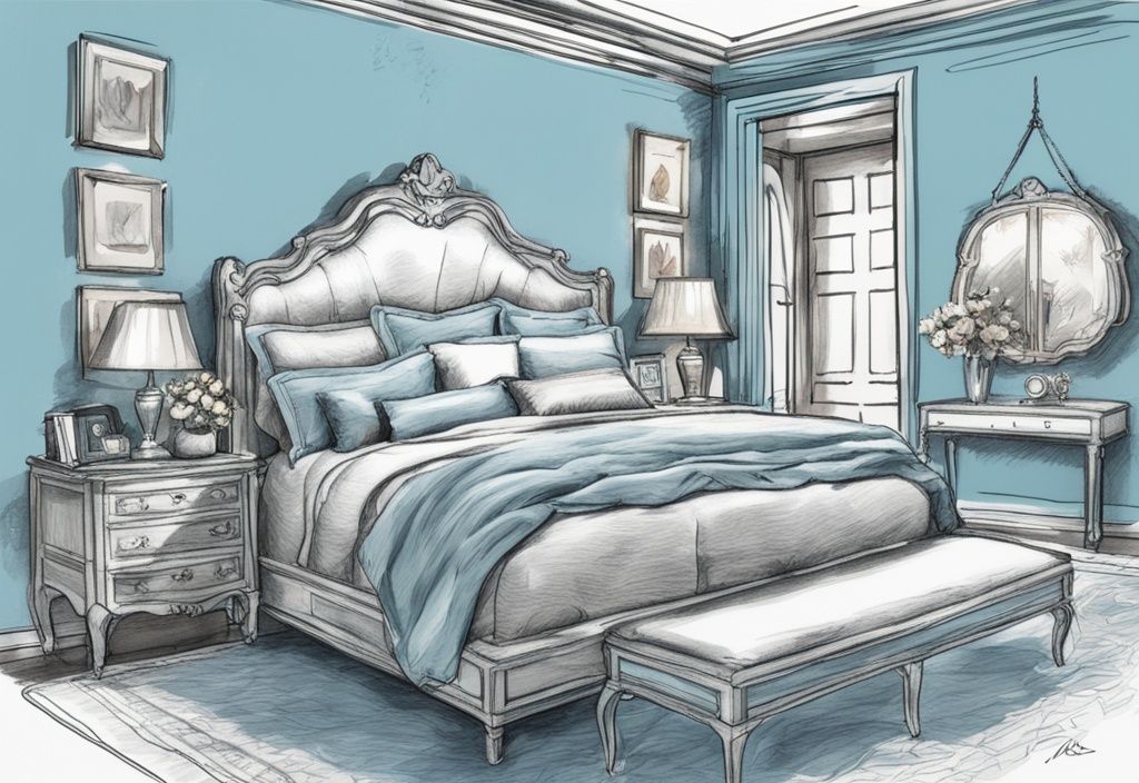 Vintage-Skizze eines luxuriösen Schlafzimmers mit großem, plüschigem Bett und weicher Mako Satin Bettwäsche in sanften Farben, was ist Mako Satin Bettwäsche.