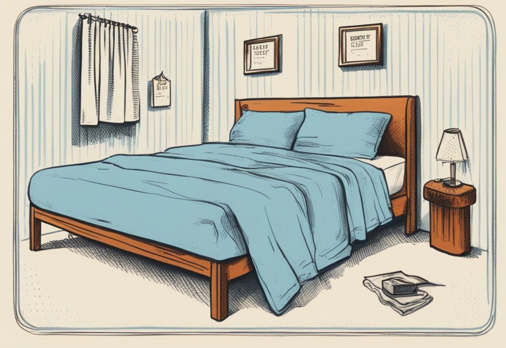 Vintage-Skizzenillustration mit hellblauem Farbschema, Kalender mit markierten Terminen zur Bettwäsche-Wechsel, Bett mit frischer Bettwäsche im Hintergrund.