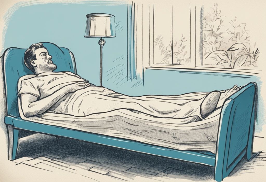 Vintage-Skizzenillustration einer Person mit Rückenschmerzen, die entspannt auf einer empfohlenen Matratze in hellblauem Farbschema liegt.