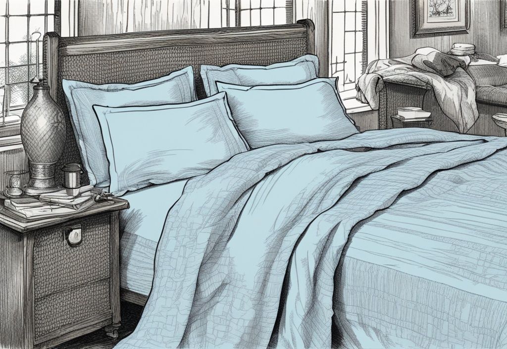 Vintage-Skizzenillustration eines ordentlich gemachten Bettes mit Polycotton-Bettwäsche in Hellblau, Nahaufnahmen der Stofftextur und Webmuster, was ist Polycotton Bettwäsche.