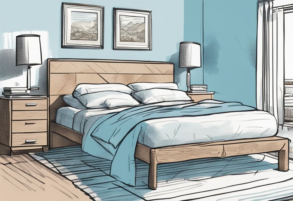 Vintage-Skizzenillustration von Matratzen auf Boxspringbett in modernem, gut beleuchtetem Schlafzimmer, Hauptfarbton hellblau