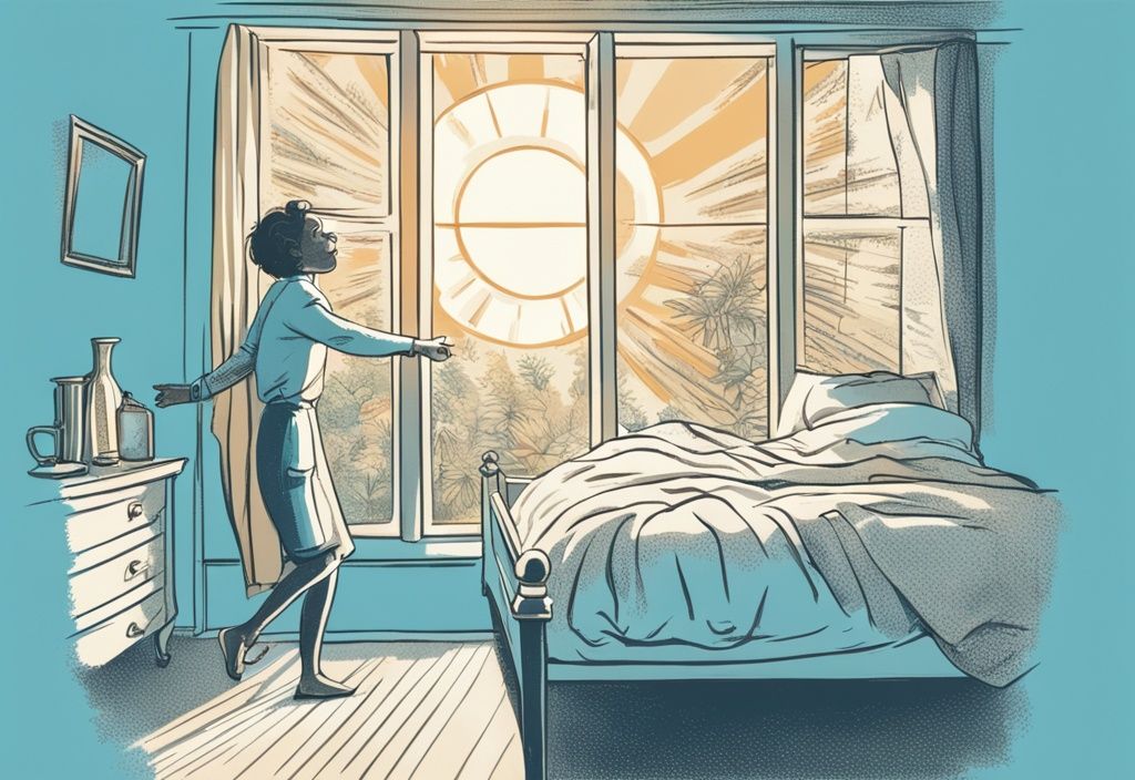 Vintage-Skizzenillustration einer Person, die sich lächelnd und streckend aus einem gemütlichen Bett erhebt, mit hellem Sonnenlicht durch das Fenster am Morgen, Hauptfarbthema hellblau.