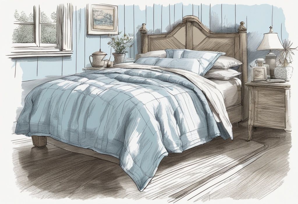 Vintage-Skizzenillustration eines seersucker Bettwäsche-Sets in hellblau auf einem Bett in einem natürlich beleuchteten Raum