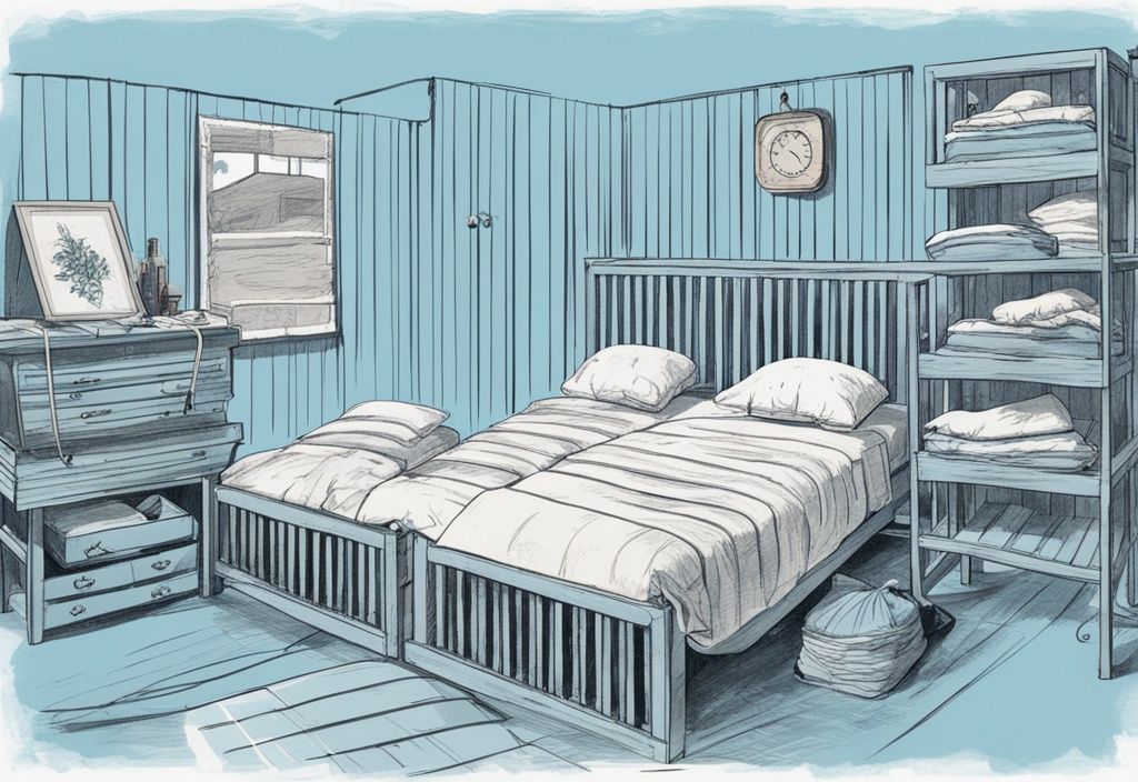 Vintage-Skizzenillustration mit hellblauem Farbschema, die verschiedene Lattenroste und Matratzen zeigt, jeweils mit idealer Paarung gekennzeichnet.