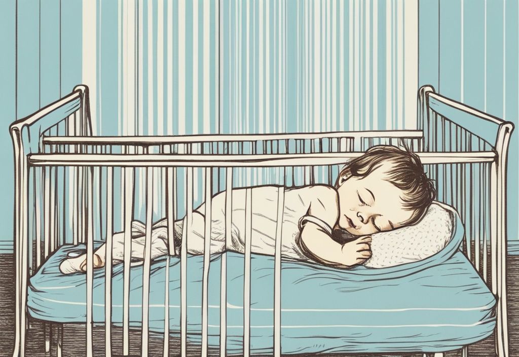 Vintage-Skizze eines friedlich schlafenden Babys in einem Kinderbett mit gut sichtbarer, sicherer und bequemer Matratze darunter, welche Matratze für Baby.