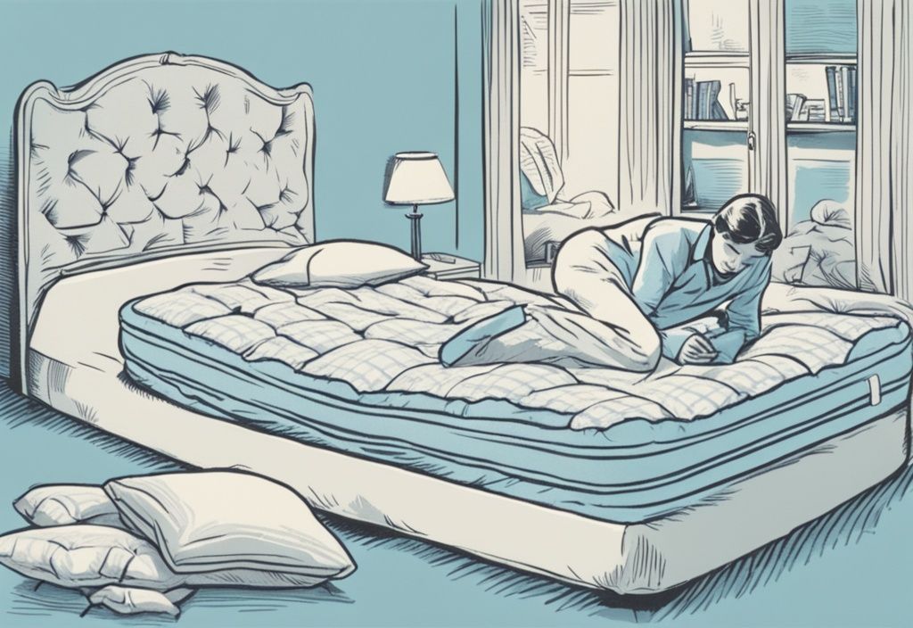 Vintage-Skizzenillustration in hellblau: Person testet die Weichheit einer Matratze mit unzufriedenem Gesichtsausdruck, mehrere Kissen liegen herum.