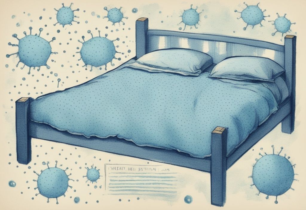 Vintage-Skizze mit hellblauem Farbschema zeigt ein ordentlich gemachtes Bett, das vollständig mit einer leuchtenden Karte winziger punktierter Grippeviren bedeckt ist, von denen einige verblasst sind und unterschiedliche Überlebenszeiten auf der Bettwäsche darstellen, wie lange überleben Grippeviren auf Bettwäsche.
