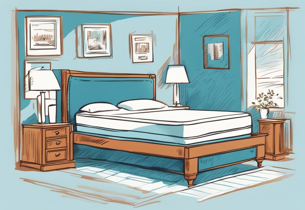 Vintage-Skizzenillustration in Hellblau, die einen Querschnitt eines Bettes mit einer Matratze und einem bequemen Topper zeigt, warum Topper auf Matratze notwendig sind.