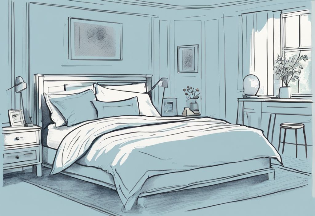 Vintage Skizze, hypoallergene Bettwäsche, minimalistisch, hellblaues Schlafzimmer, einladendes Bett.