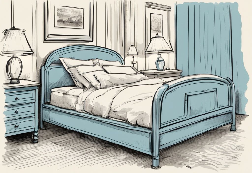 Vintage-Skizze mit hellblauem Farbschema, Nahaufnahme eines stabilen Rausfallschutzes für Betten an einem bequemen Bett in sanft beleuchtetem Schlafzimmer.